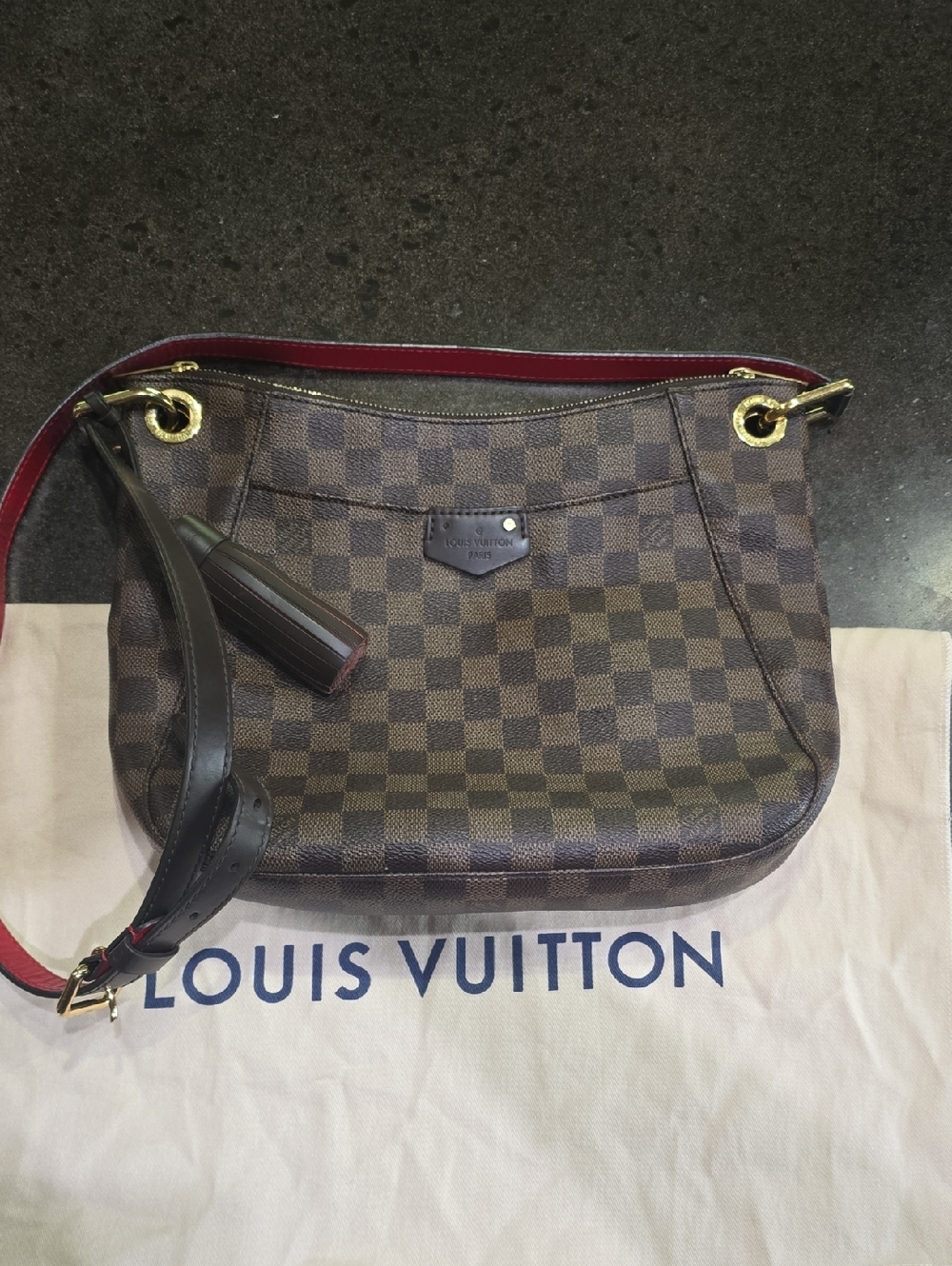 Louis Vuitton Damier Ebene Hobo Shoulder Bag in Brown with Red Trim
